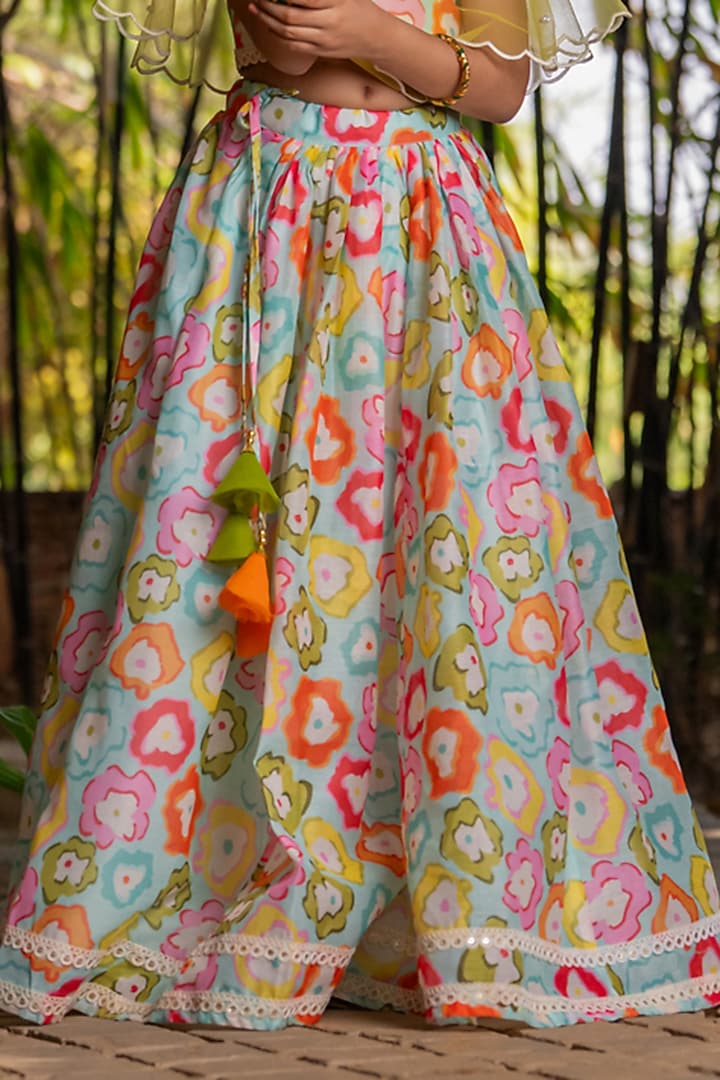 Multi-Coloured Chanderi Floral Printed Lehenga Set For Girls by Yuvrani Jaipur Kidswear at Pernia's Pop Up Shop