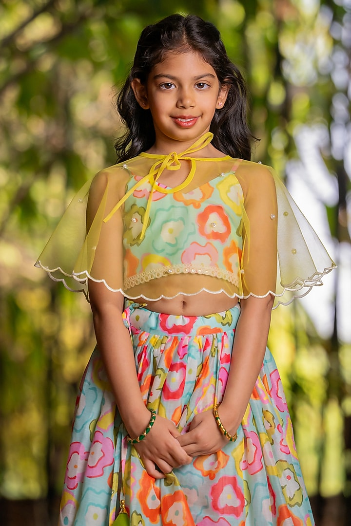 Multi-Coloured Chanderi Floral Printed Lehenga Set For Girls by Yuvrani Jaipur Kidswear at Pernia's Pop Up Shop