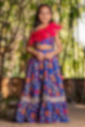 Blue Chanderi Floral Printed Lehenga Set For Girls by Yuvrani Jaipur Kidswear at Pernia's Pop Up Shop