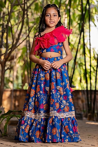 Blue Chanderi Floral Printed Lehenga Set For Girls by Yuvrani Jaipur Kidswear