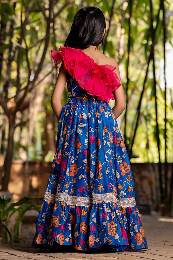Blue Chanderi Floral Printed Lehenga Set For Girls by Yuvrani Jaipur Kidswear at Pernia's Pop Up Shop