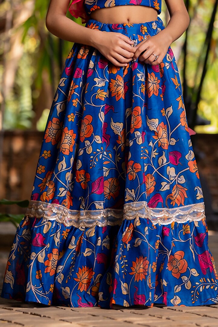 Blue Chanderi Floral Printed Lehenga Set For Girls by Yuvrani Jaipur Kidswear at Pernia's Pop Up Shop