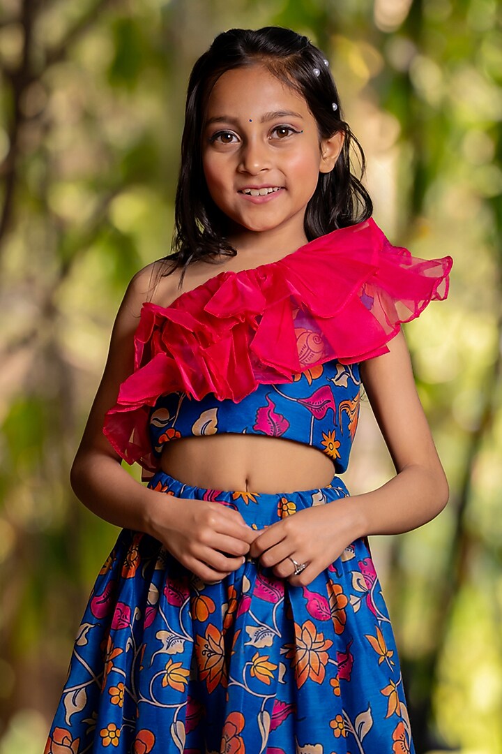 Blue Chanderi Floral Printed Lehenga Set For Girls by Yuvrani Jaipur Kidswear at Pernia's Pop Up Shop