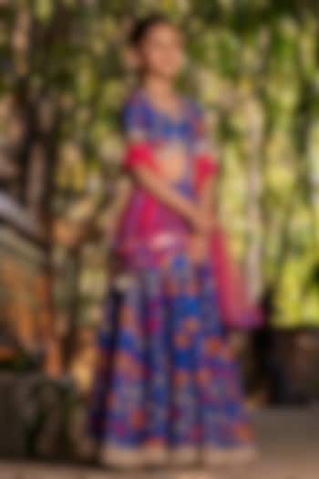 Blue Chanderi Floral Printed Lehenga Set For Girls by Yuvrani Jaipur Kidswear at Pernia's Pop Up Shop