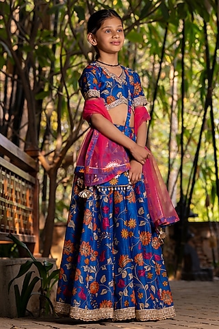 Blue Chanderi Floral Printed Lehenga Set For Girls by Yuvrani Jaipur Kidswear