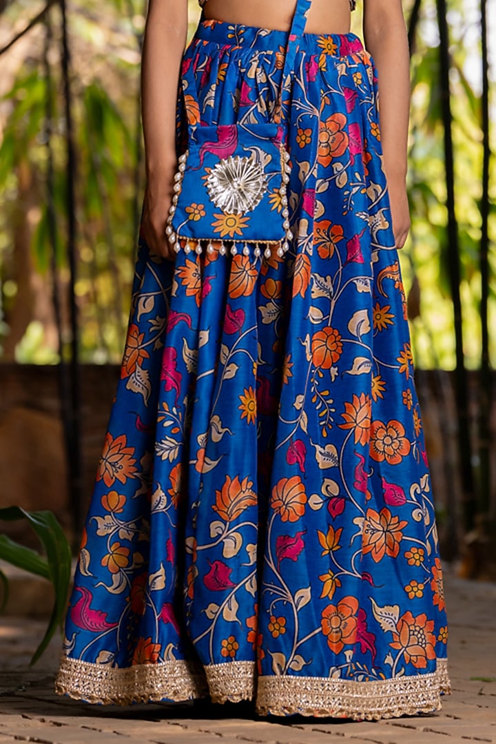 Blue Chanderi Floral Printed Lehenga Set For Girls by Yuvrani Jaipur Kidswear at Pernia's Pop Up Shop