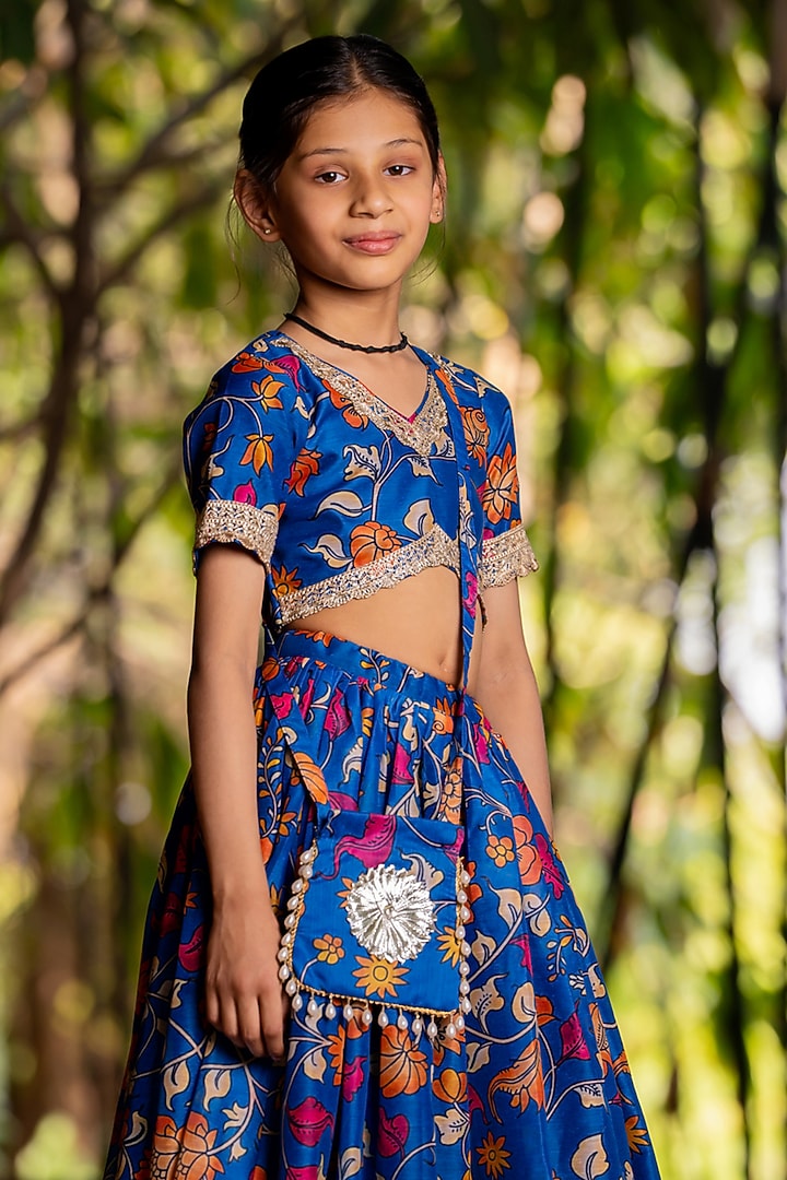 Blue Chanderi Floral Printed Lehenga Set For Girls by Yuvrani Jaipur Kidswear at Pernia's Pop Up Shop