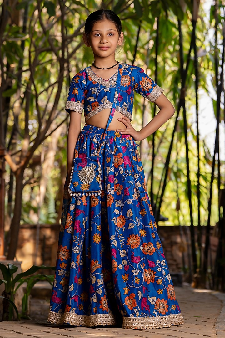 Blue Chanderi Floral Printed Lehenga Set For Girls by Yuvrani Jaipur Kidswear at Pernia's Pop Up Shop