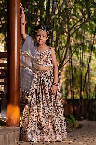 Grey Muslin Floral Printed Lehenga Set For Girls by Yuvrani Jaipur Kidswear