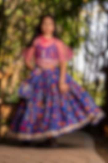 Royal Blue Chanderi Floral Printed Lehenga Set For Girls by Yuvrani Jaipur Kidswear at Pernia's Pop Up Shop