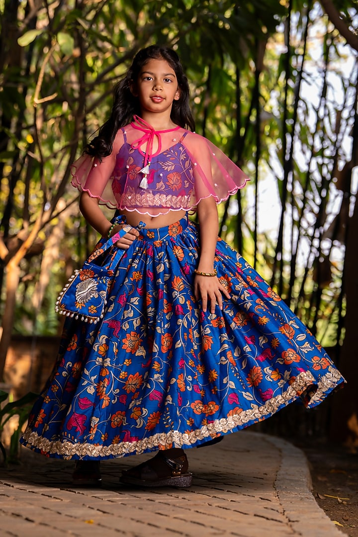 Royal Blue Chanderi Floral Printed Lehenga Set For Girls by Yuvrani Jaipur Kidswear at Pernia's Pop Up Shop