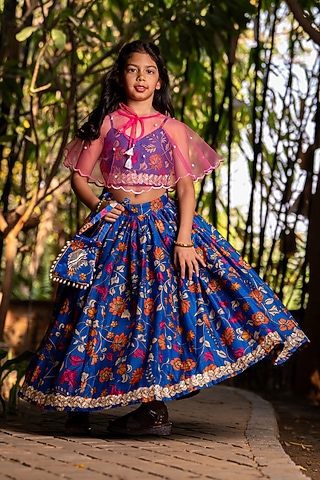 Royal Blue Chanderi Floral Printed Lehenga Set For Girls by Yuvrani Jaipur Kidswear