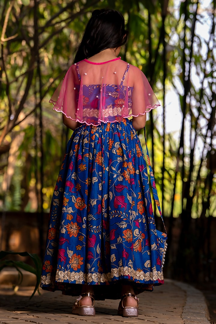 Royal Blue Chanderi Floral Printed Lehenga Set For Girls by Yuvrani Jaipur Kidswear at Pernia's Pop Up Shop