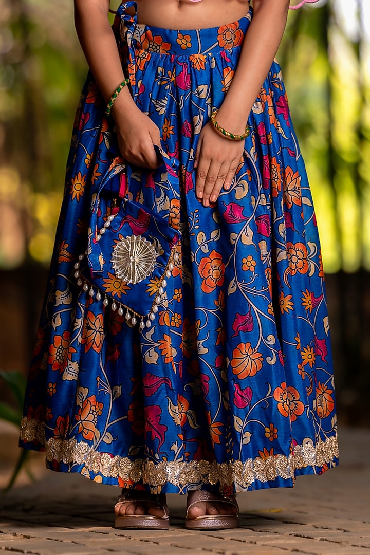 Royal Blue Chanderi Floral Printed Lehenga Set For Girls by Yuvrani Jaipur Kidswear at Pernia's Pop Up Shop