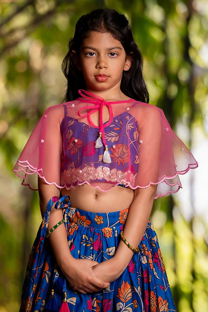 Royal Blue Chanderi Floral Printed Lehenga Set For Girls by Yuvrani Jaipur Kidswear at Pernia's Pop Up Shop