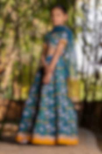 Teal Blue Chanderi Floral Printed Lehenga Set For Girls by Yuvrani Jaipur Kidswear at Pernia's Pop Up Shop