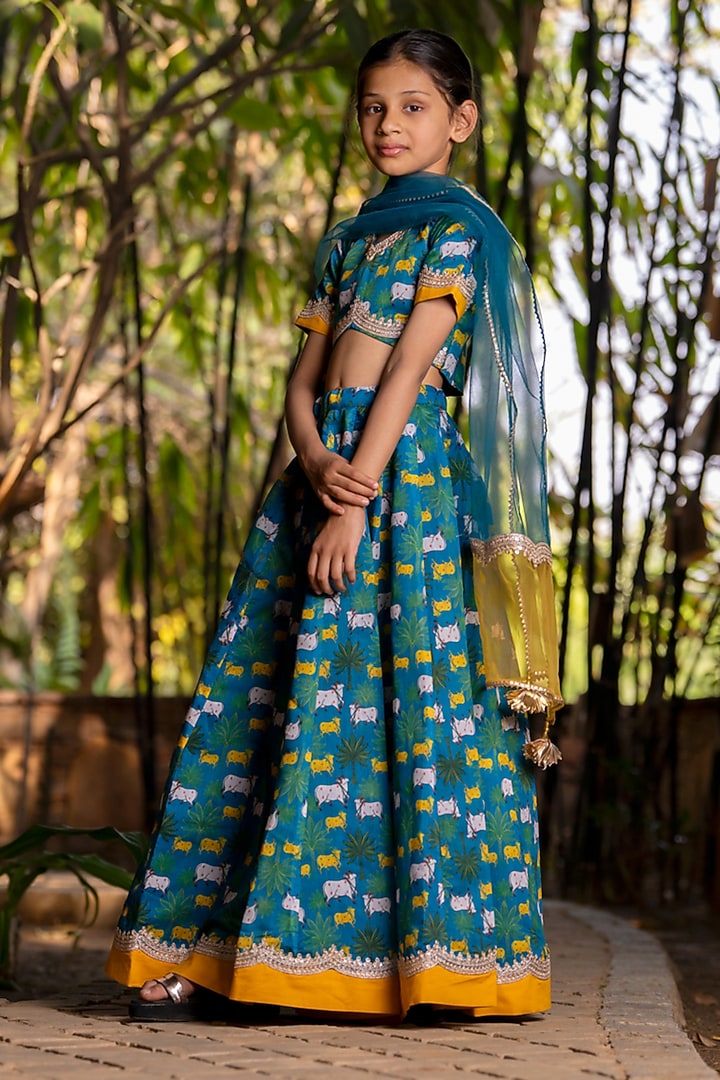 Teal Blue Chanderi Floral Printed Lehenga Set For Girls by Yuvrani Jaipur Kidswear at Pernia's Pop Up Shop
