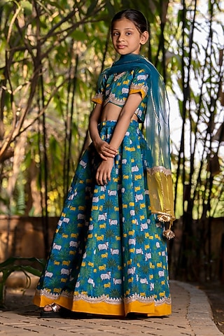 Teal Blue Chanderi Floral Printed Lehenga Set For Girls by Yuvrani Jaipur Kidswear