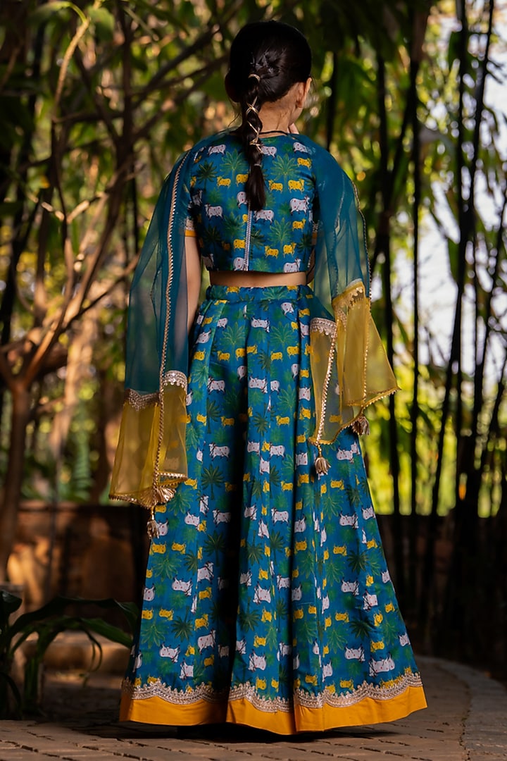 Teal Blue Chanderi Floral Printed Lehenga Set For Girls by Yuvrani Jaipur Kidswear at Pernia's Pop Up Shop