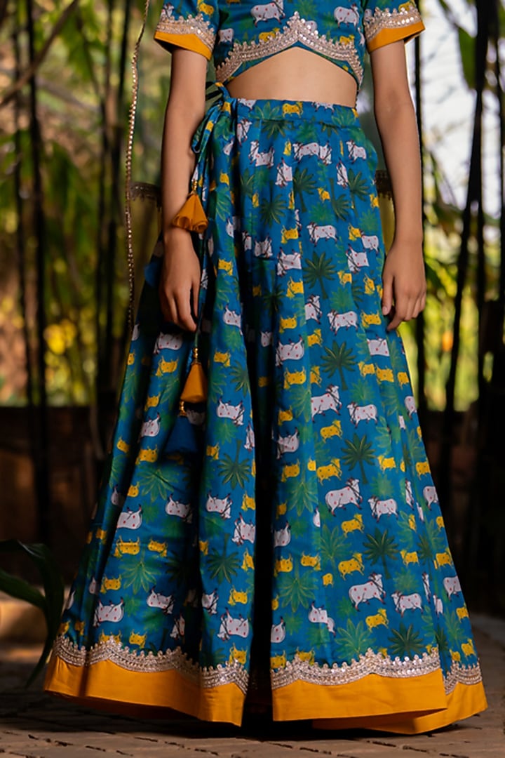 Teal Blue Chanderi Floral Printed Lehenga Set For Girls by Yuvrani Jaipur Kidswear at Pernia's Pop Up Shop