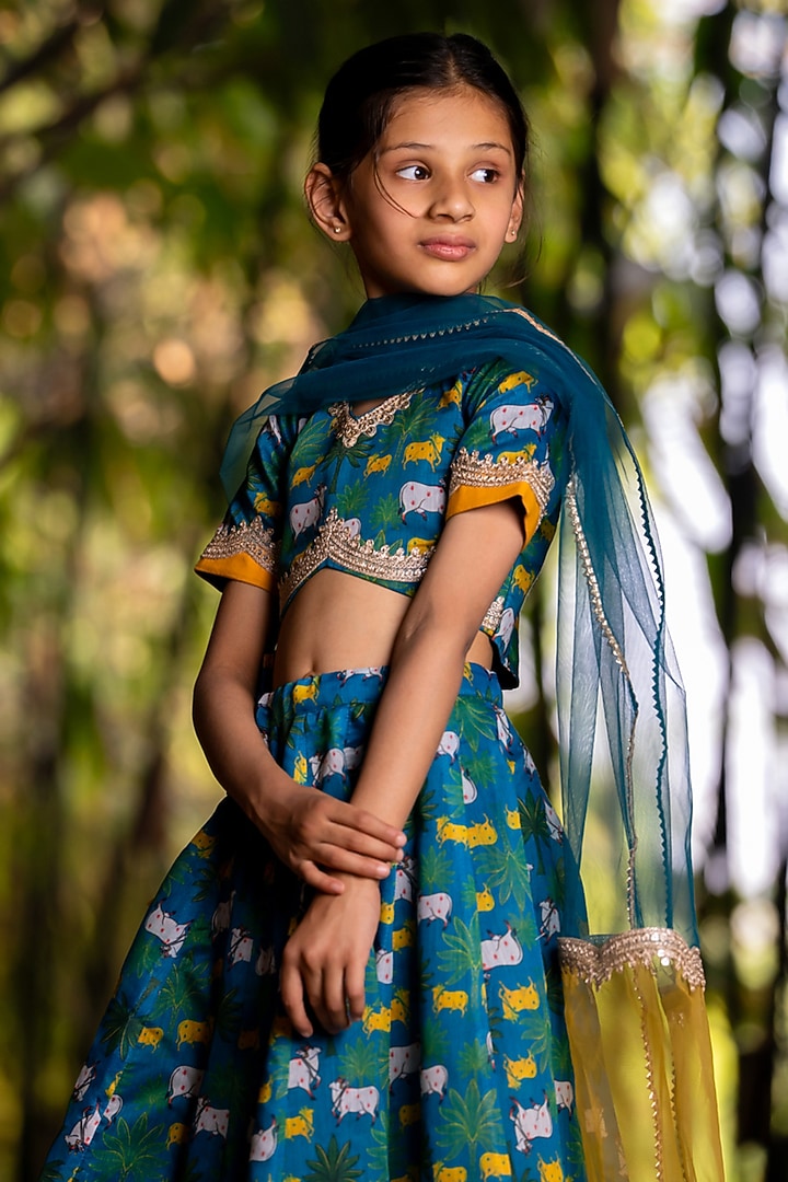 Teal Blue Chanderi Floral Printed Lehenga Set For Girls by Yuvrani Jaipur Kidswear at Pernia's Pop Up Shop