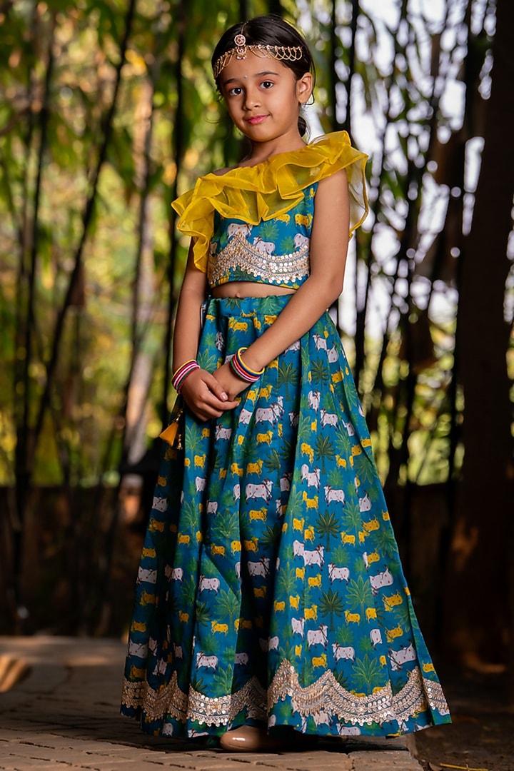 Blue Chanderi Floral Printed Lehenga Set For Girls by Yuvrani Jaipur Kidswear at Pernia's Pop Up Shop