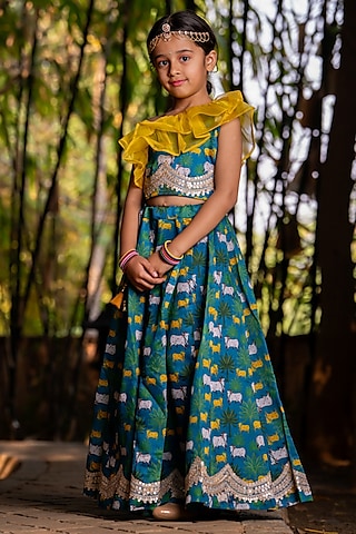 Blue Chanderi Floral Printed Lehenga Set For Girls by Yuvrani Jaipur Kidswear