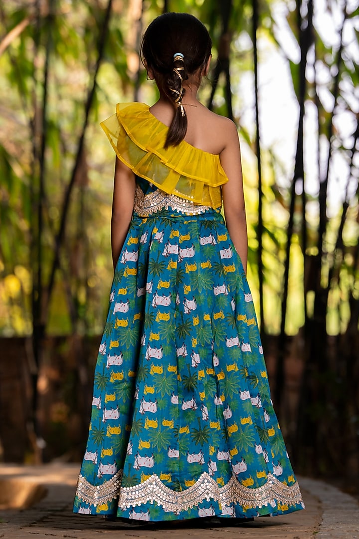 Blue Chanderi Floral Printed Lehenga Set For Girls by Yuvrani Jaipur Kidswear at Pernia's Pop Up Shop