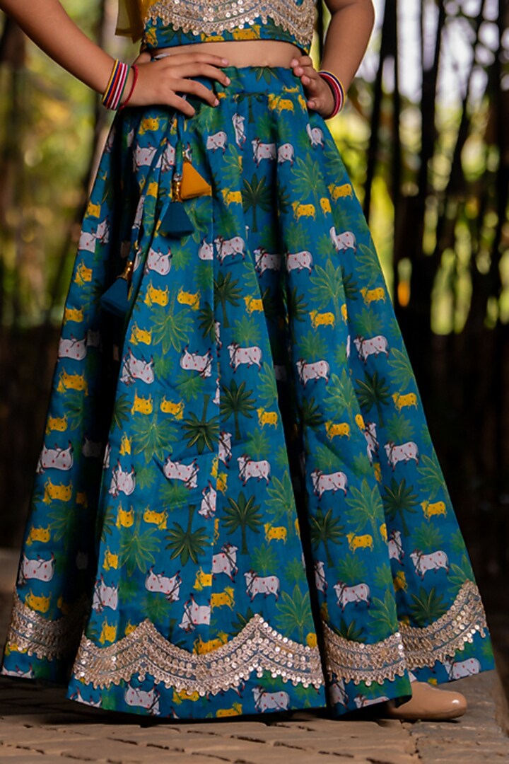 Blue Chanderi Floral Printed Lehenga Set For Girls by Yuvrani Jaipur Kidswear at Pernia's Pop Up Shop
