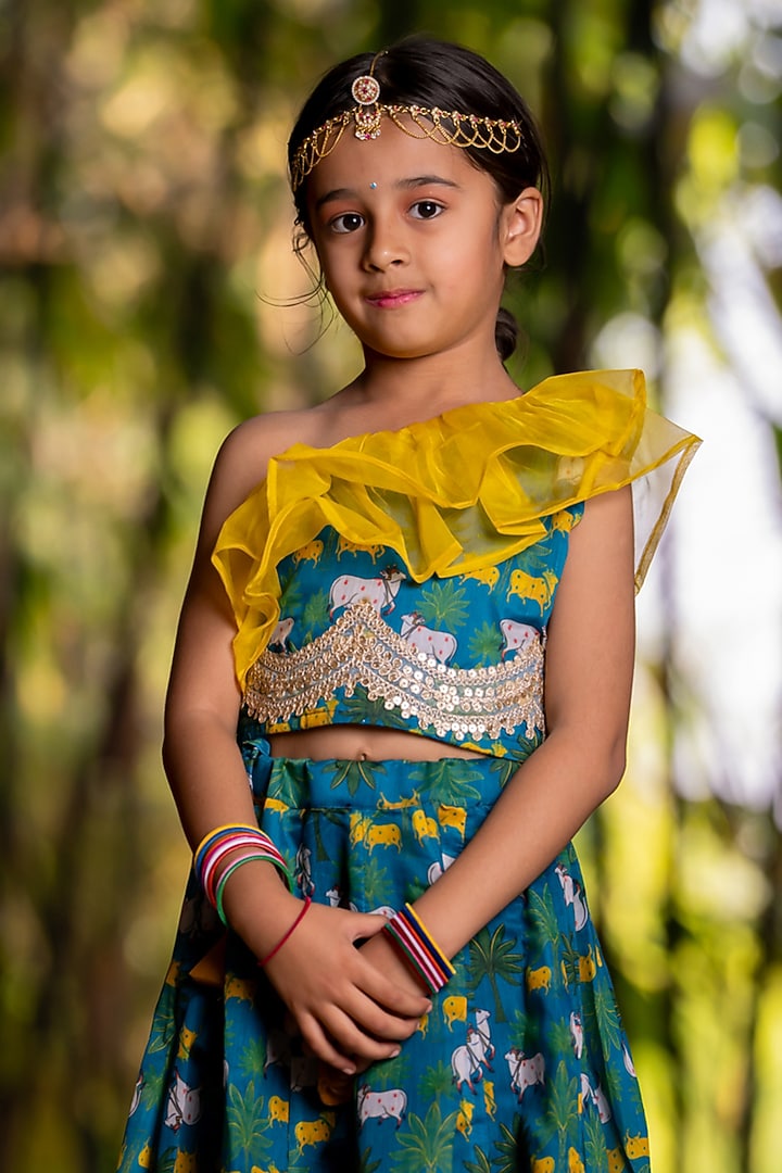 Blue Chanderi Floral Printed Lehenga Set For Girls by Yuvrani Jaipur Kidswear at Pernia's Pop Up Shop