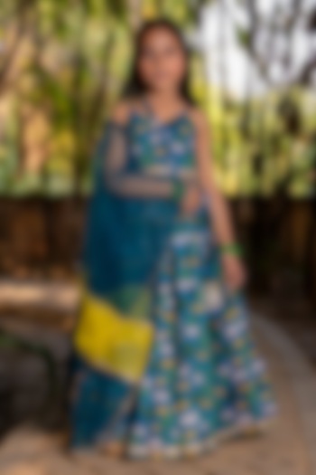 Blue Chanderi Floral Printed Lehenga Set For Girls by Yuvrani Jaipur Kidswear at Pernia's Pop Up Shop