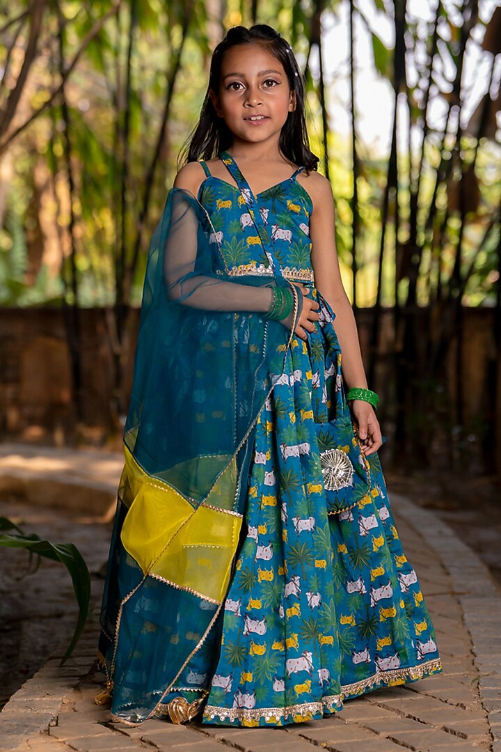 Blue Chanderi Floral Printed Lehenga Set For Girls by Yuvrani Jaipur Kidswear at Pernia's Pop Up Shop
