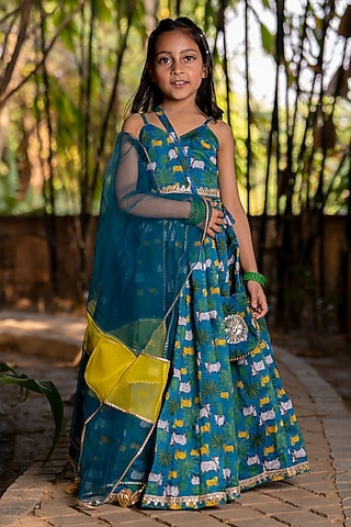 Blue Chanderi Floral Printed Lehenga Set For Girls by Yuvrani Jaipur Kidswear