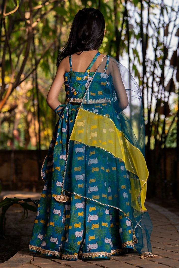 Blue Chanderi Floral Printed Lehenga Set For Girls by Yuvrani Jaipur Kidswear at Pernia's Pop Up Shop