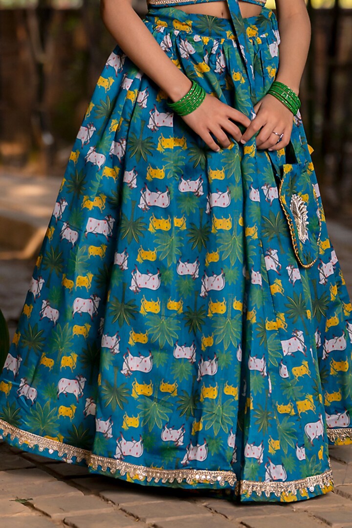 Blue Chanderi Floral Printed Lehenga Set For Girls by Yuvrani Jaipur Kidswear at Pernia's Pop Up Shop