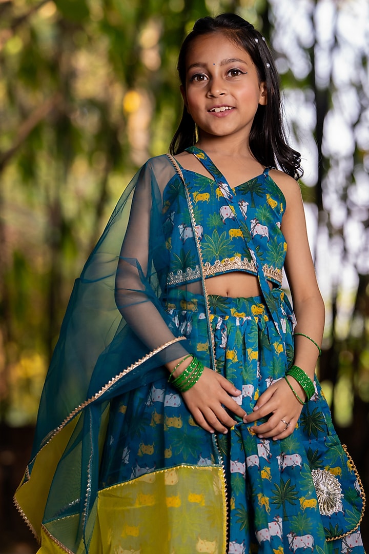 Blue Chanderi Floral Printed Lehenga Set For Girls by Yuvrani Jaipur Kidswear at Pernia's Pop Up Shop