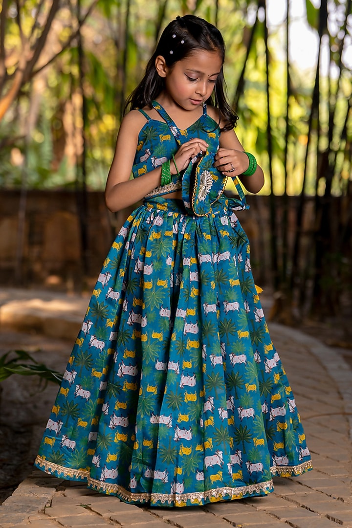 Blue Chanderi Floral Printed Lehenga Set For Girls by Yuvrani Jaipur Kidswear at Pernia's Pop Up Shop