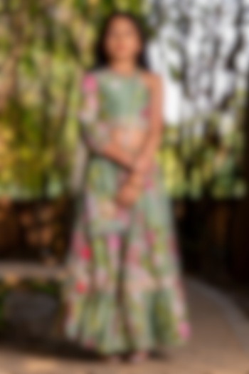 Mint Green Chanderi Floral Printed Lehenga Set For Girls by Yuvrani Jaipur Kidswear at Pernia's Pop Up Shop