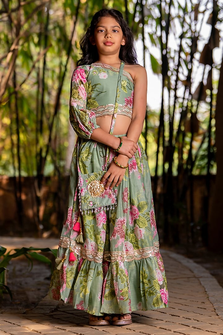 Mint Green Chanderi Floral Printed Lehenga Set For Girls by Yuvrani Jaipur Kidswear at Pernia's Pop Up Shop