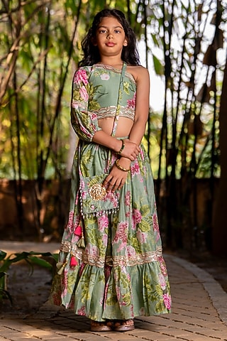 Mint Green Chanderi Floral Printed Lehenga Set For Girls by Yuvrani Jaipur Kidswear