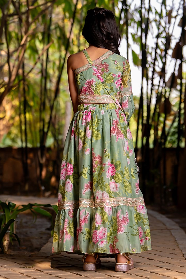 Mint Green Chanderi Floral Printed Lehenga Set For Girls by Yuvrani Jaipur Kidswear at Pernia's Pop Up Shop