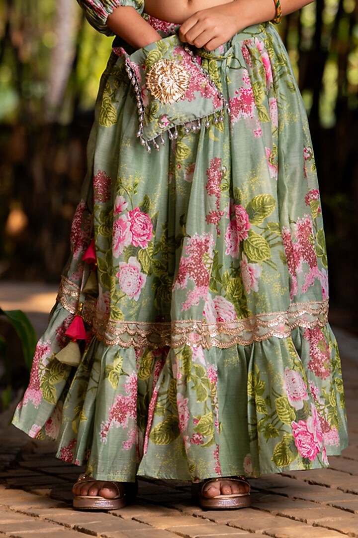 Mint Green Chanderi Floral Printed Lehenga Set For Girls by Yuvrani Jaipur Kidswear at Pernia's Pop Up Shop
