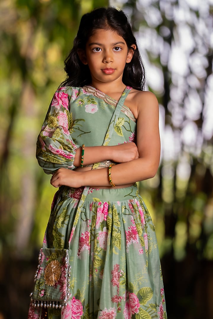 Mint Green Chanderi Floral Printed Lehenga Set For Girls by Yuvrani Jaipur Kidswear at Pernia's Pop Up Shop