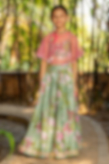 Mint Green Chanderi Floral Printed Lehenga Set For Girls by Yuvrani Jaipur Kidswear at Pernia's Pop Up Shop