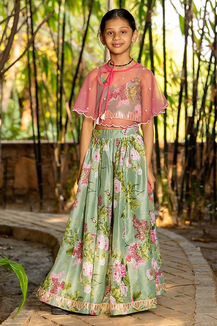 Mint Green Chanderi Floral Printed Lehenga Set For Girls by Yuvrani Jaipur Kidswear at Pernia's Pop Up Shop
