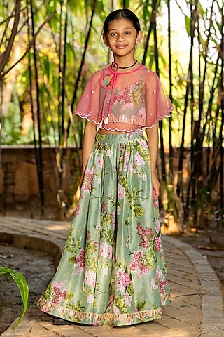 Mint Green Chanderi Floral Printed Lehenga Set For Girls by Yuvrani Jaipur Kidswear