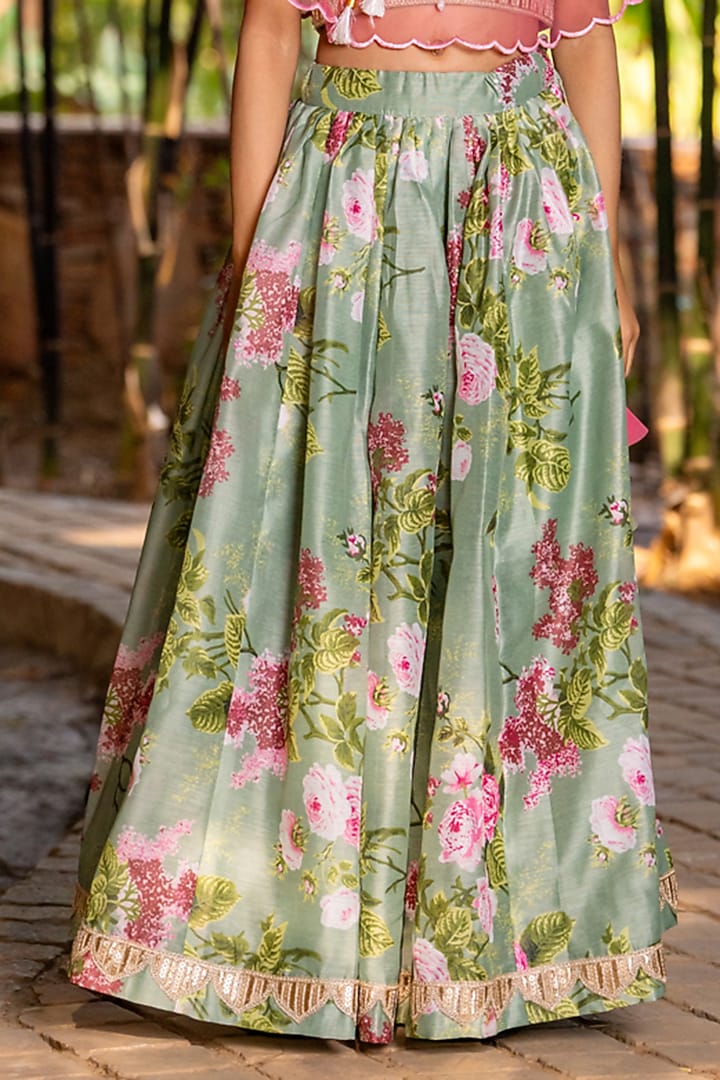 Mint Green Chanderi Floral Printed Lehenga Set For Girls by Yuvrani Jaipur Kidswear at Pernia's Pop Up Shop