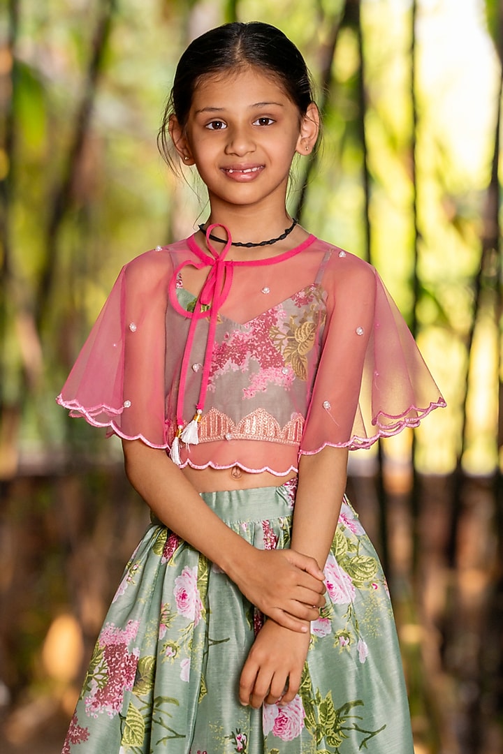 Mint Green Chanderi Floral Printed Lehenga Set For Girls by Yuvrani Jaipur Kidswear at Pernia's Pop Up Shop