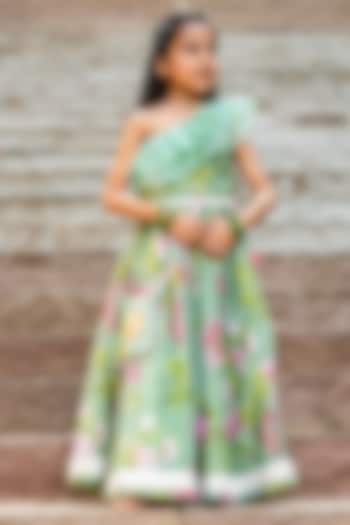 Mint Green Chanderi Floral Printed Lehenga Set For Girls by Yuvrani Jaipur Kidswear at Pernia's Pop Up Shop
