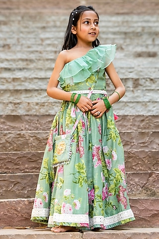 Mint Green Chanderi Floral Printed Lehenga Set For Girls by Yuvrani Jaipur Kidswear